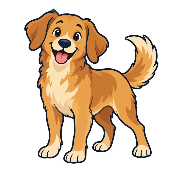 Flat cartoon illustration of Bolu, a golden-brown dog