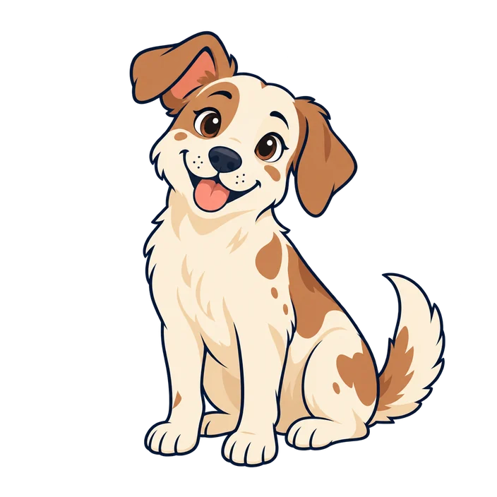 Flat cartoon illustration of Coco, a cream dog with brown patches