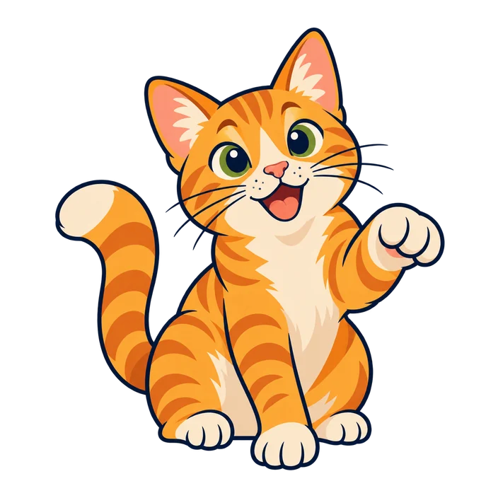 Flat cartoon illustration of Milo, an orange tabby cat