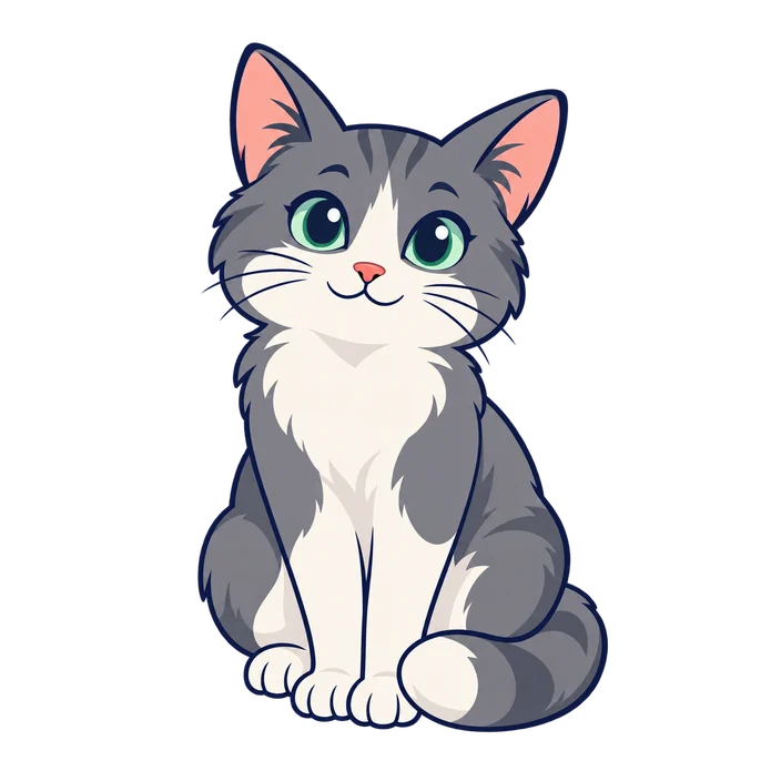 Flat cartoon illustration of Mimi, a gray-and-white cat
