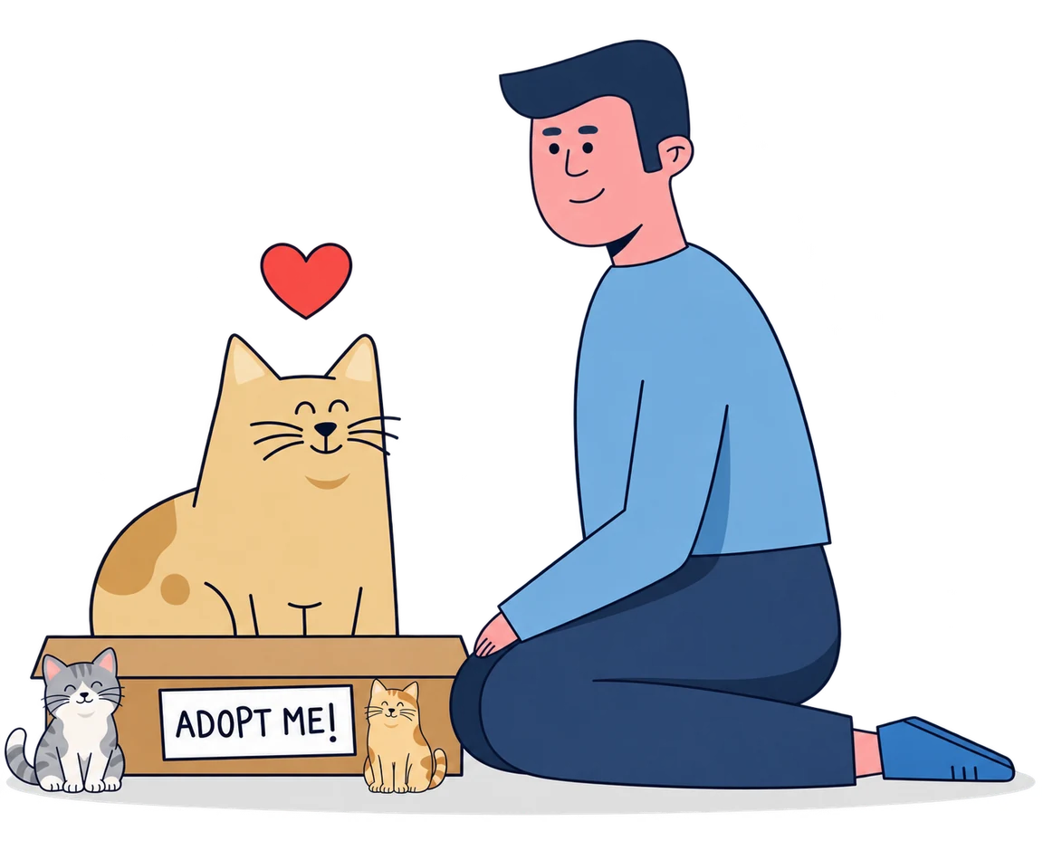 A man with three cats beside an adopt-me box