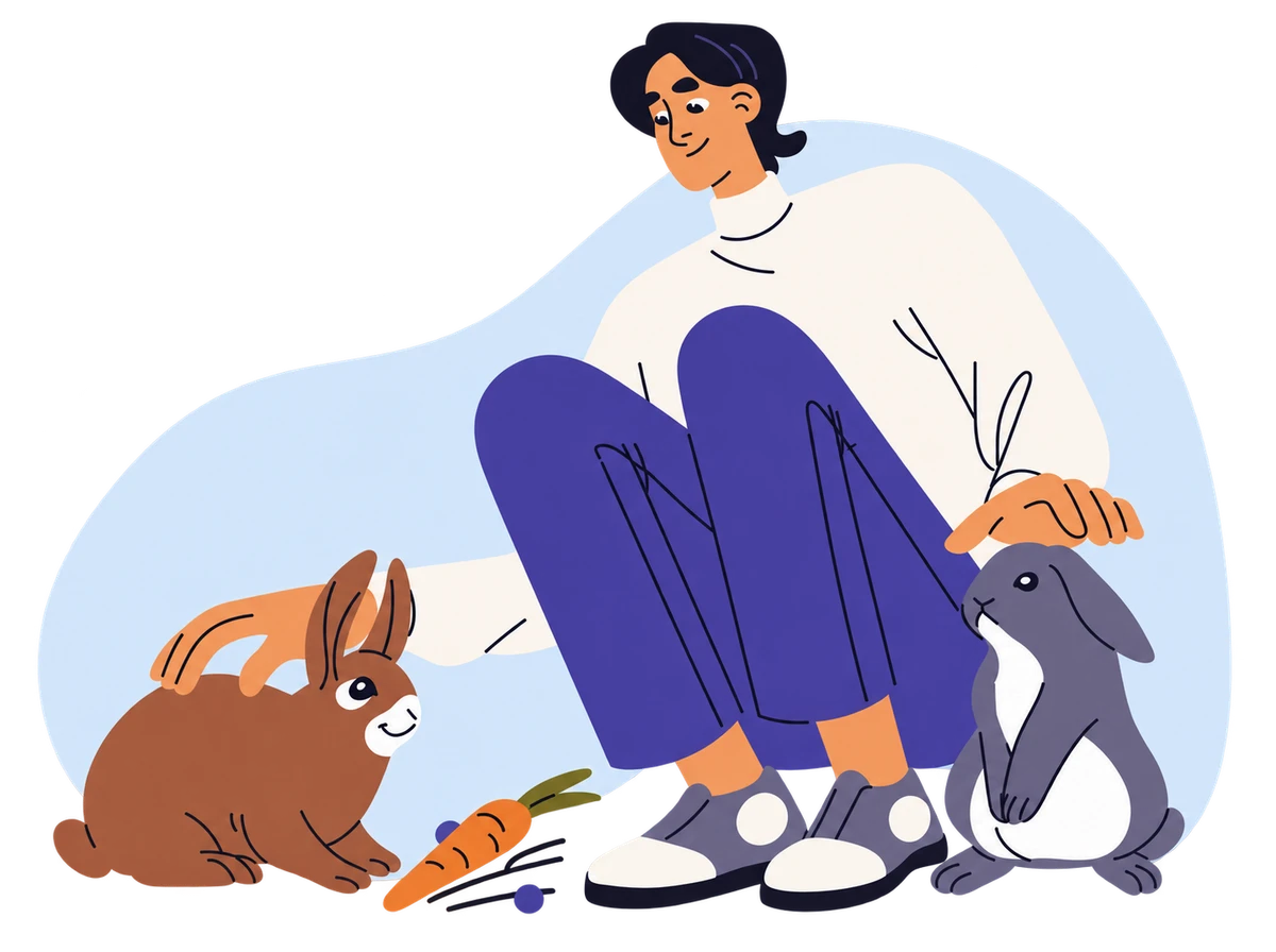 A woman gently petting a brown rabbit and a gray rabbit