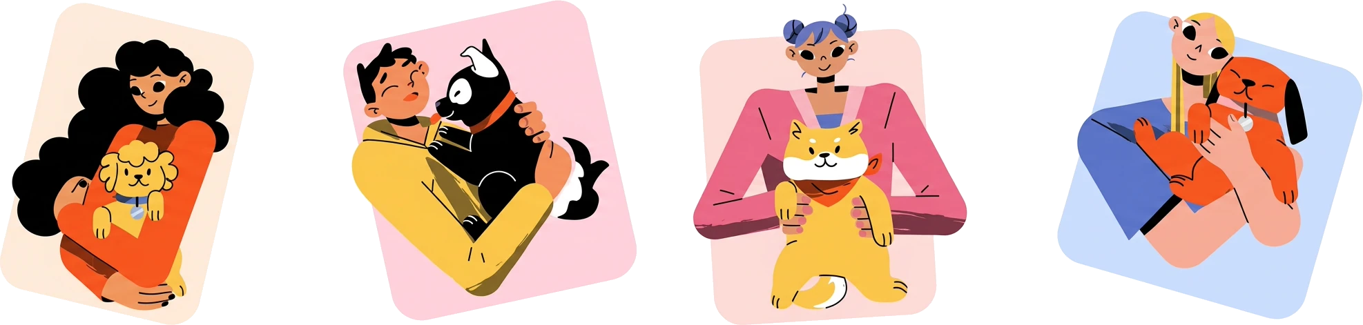 Four colorful portraits of people holding their beloved pets