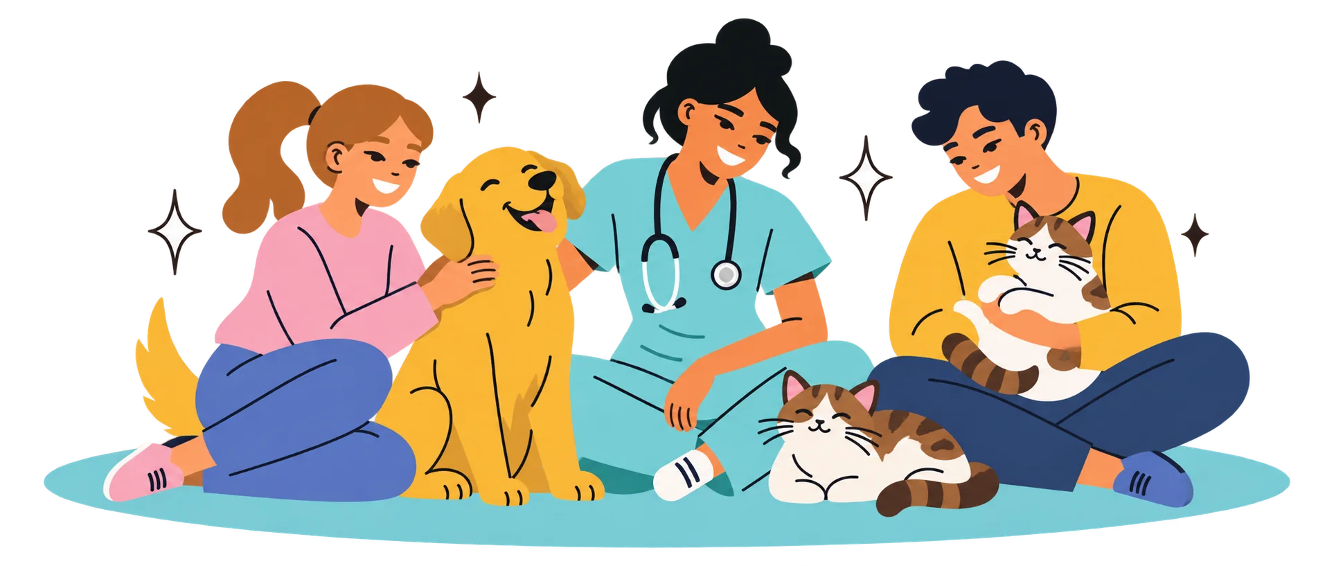Veterinarian and pet owners caring for a dog and cats together