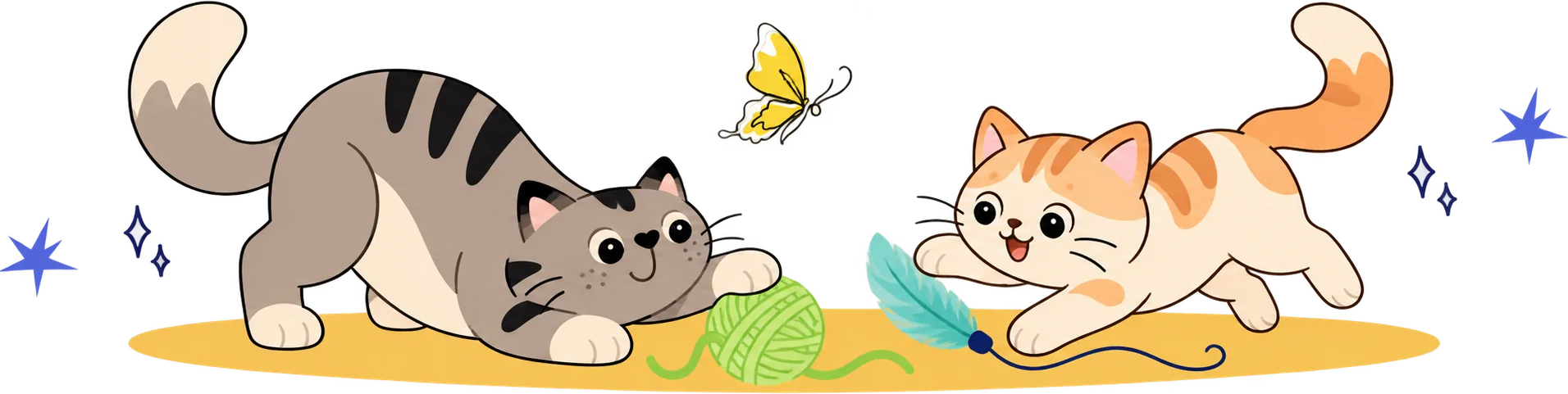 Two cats playing together with a ball of yarn and a feather toy