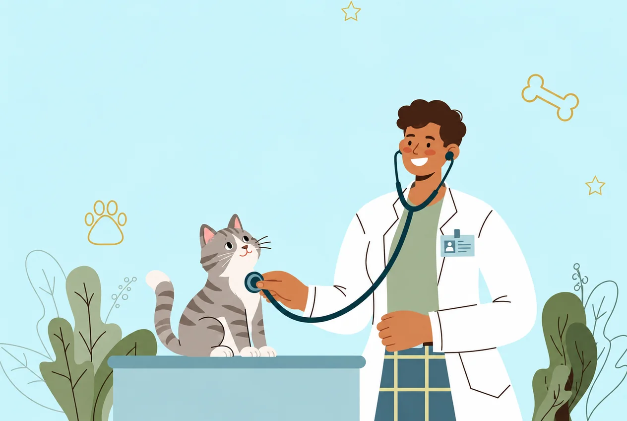 A male veterinarian examining a gray-and-white tabby cat with a stethoscope